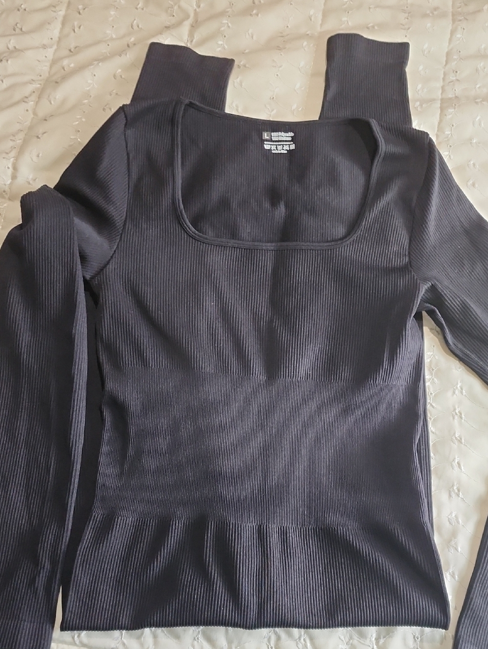 Black Ribbed Square Neck Long Sleeve Jumpsuit